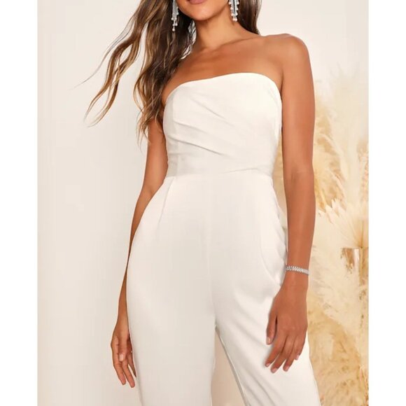 Lulus Beloved Bliss Ivory Strapless Slim Leg Bow Jumpsuit Sz Medium Womens White - Picture 8 of 15